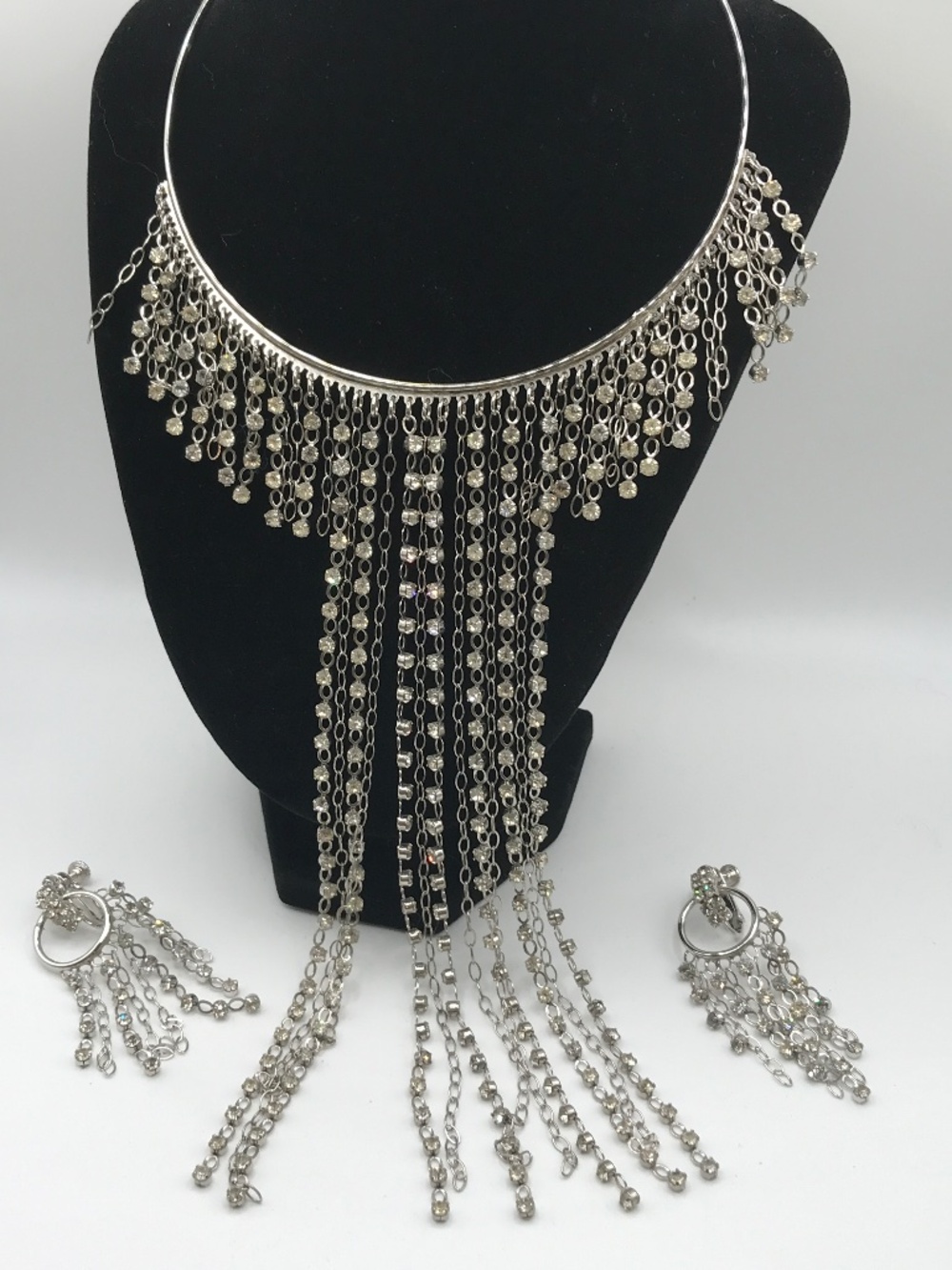 Vintage Rhinestone Waterfall Necklace and Earrings Statement Set 1960s